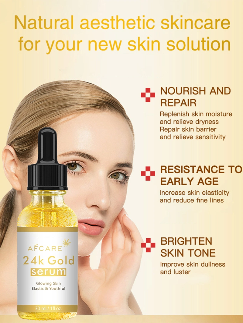 Vegan Beauty Private Label 24K Gold Serum for Face Whitening Repairing Smoothing Nature Facial Serum for All Skin